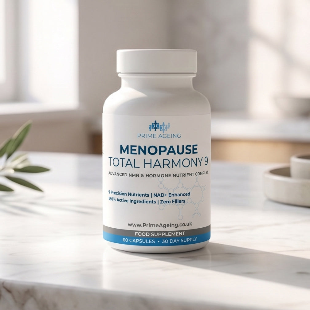 Prime Ageing Menopause Total Harmony 9 supplement bottle with 300mg NMN and 9 precision nutrients for hormonal support.